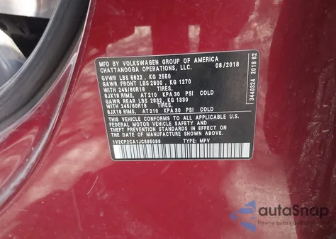 2018 Volkswagen Atlas 2.0T Se из США, поврежденный, VIN 1V2CP2CA1JC595089